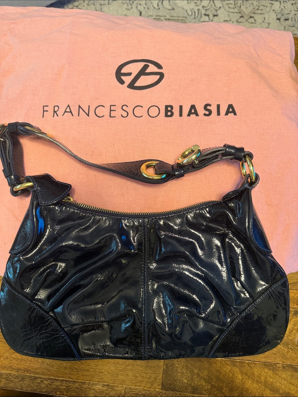 Francesco Biasia Black Patent Shoulder Bag with Gold Hardware
